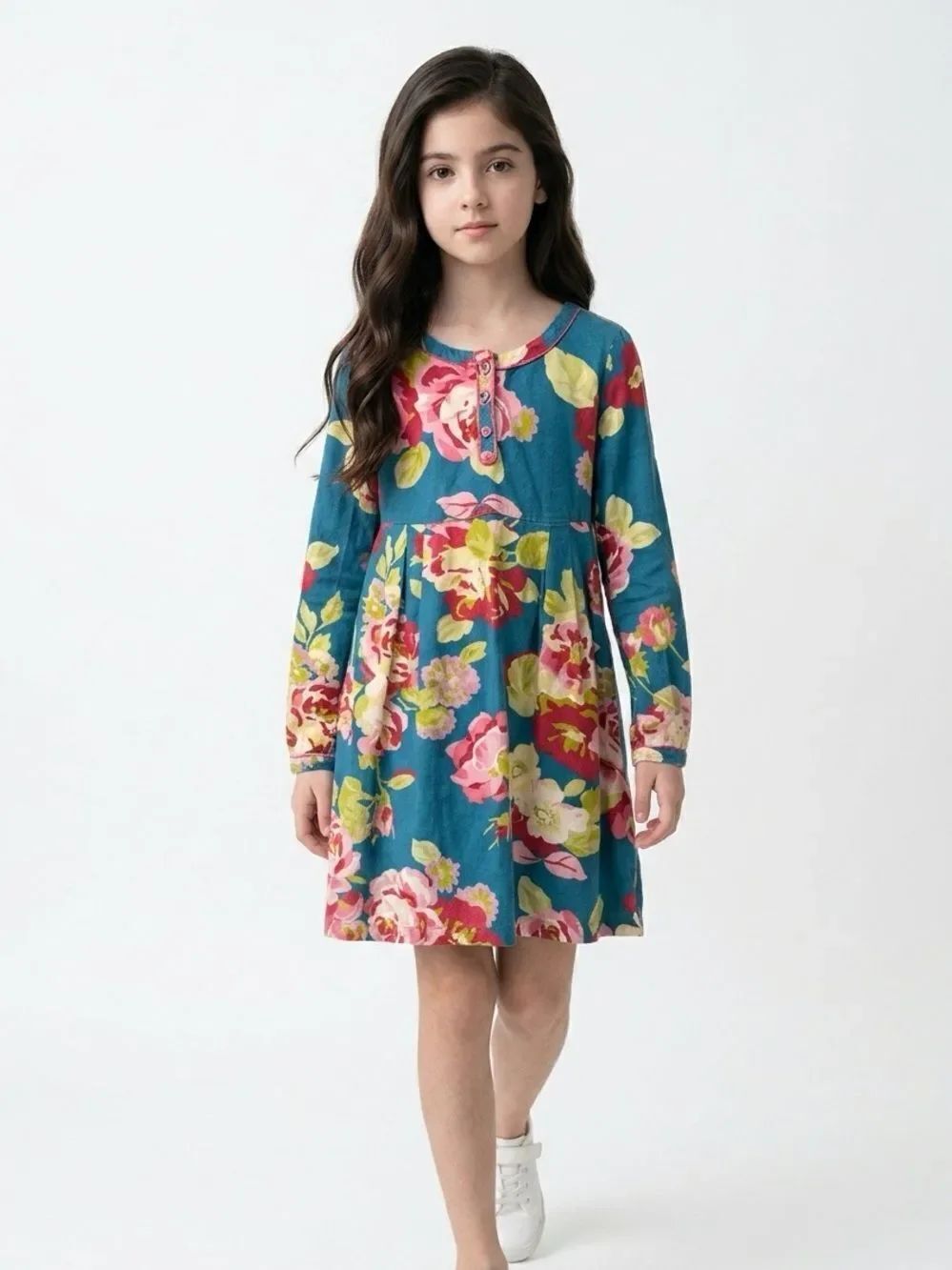 Mini Boden blue with pink and green floral print long sleeve cotton dress 7/8
